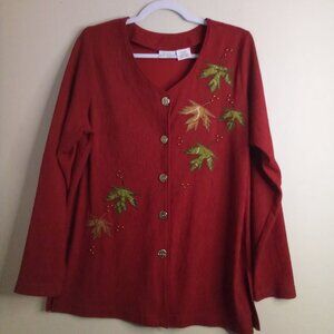 Blair Boutique Blouse Cardigan Women M Button Up Textured Leaves Fall Red